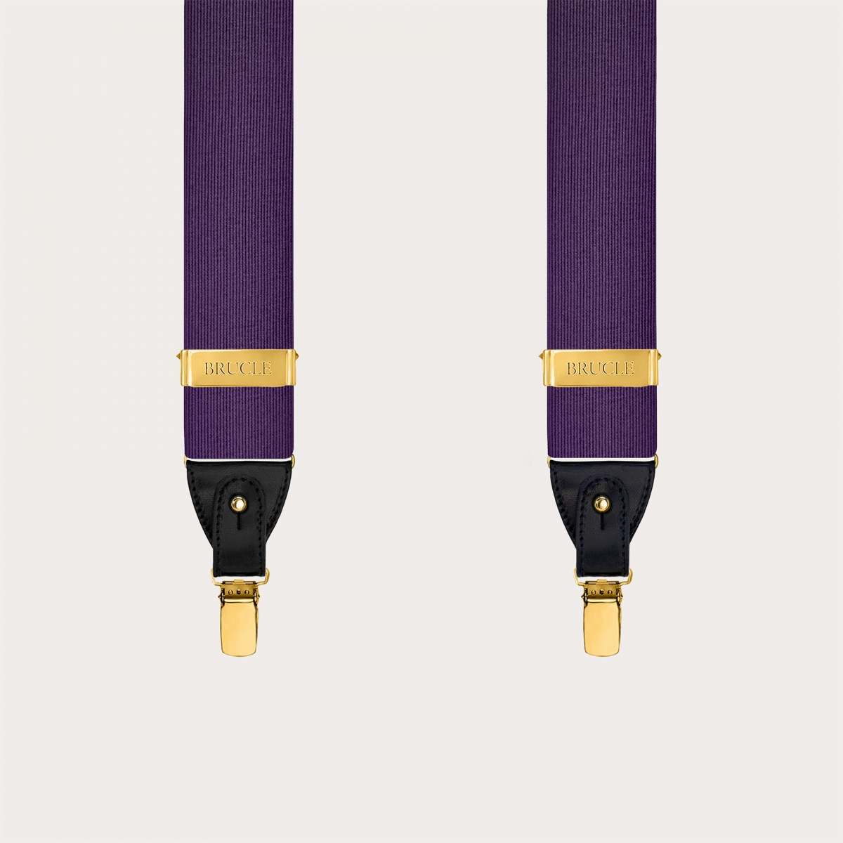 Purple silk men's suspenders with gold metal parts for clips or buttons.