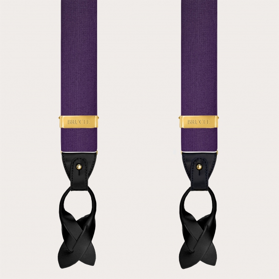 Purple silk men's suspenders with gold metal parts for clips or buttons.