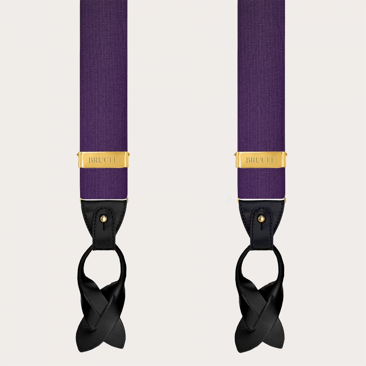 Purple silk men's suspenders with gold metal parts for clips or buttons.