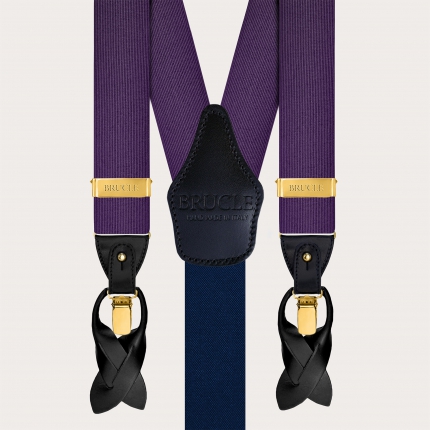 Purple silk men's suspenders with gold metal parts for clips or buttons.