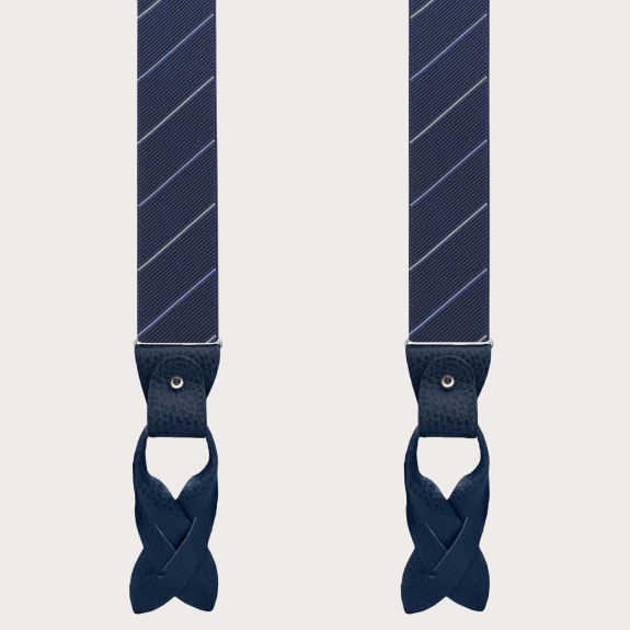 Elegant men's regimental blue suspenders with grey stripes