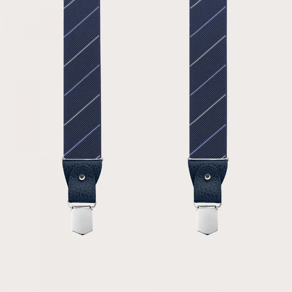 Elegant men's regimental blue suspenders with grey stripes