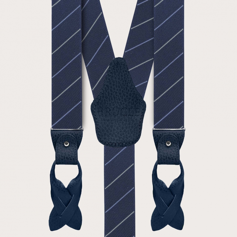 Elegant men's regimental blue suspenders with grey stripes