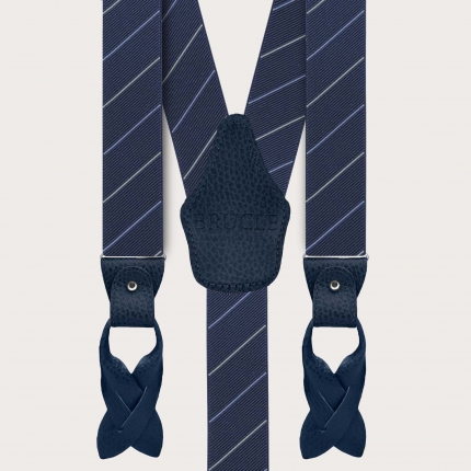 Elegant men's regimental blue suspenders with grey stripes