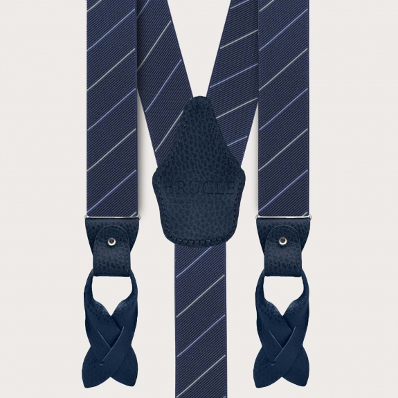 Elegant men's regimental blue suspenders with grey stripes