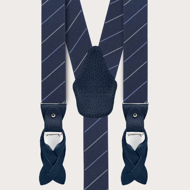 Elegant men's regimental blue suspenders with grey stripes