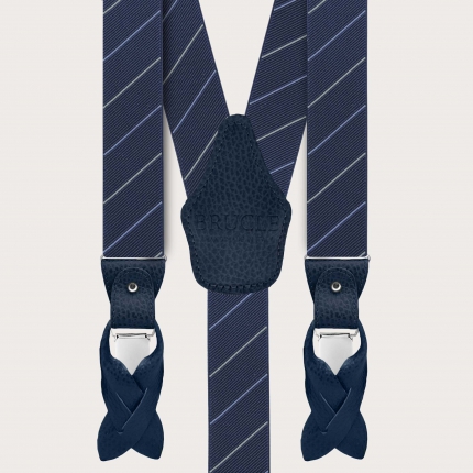 Elegant men's regimental blue suspenders with grey stripes