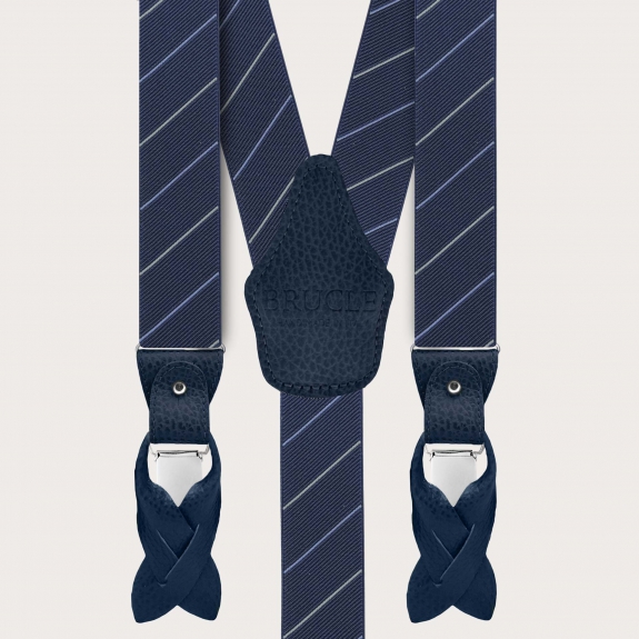 Elegant men's regimental blue suspenders with grey stripes