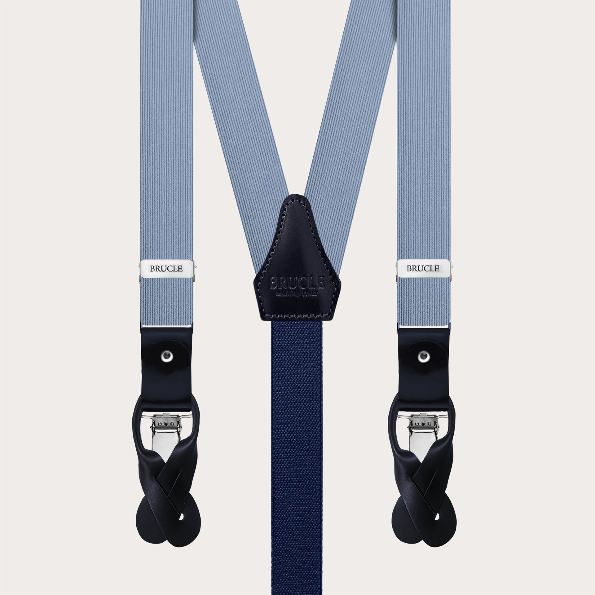 Refined thin suspenders in light blue silk