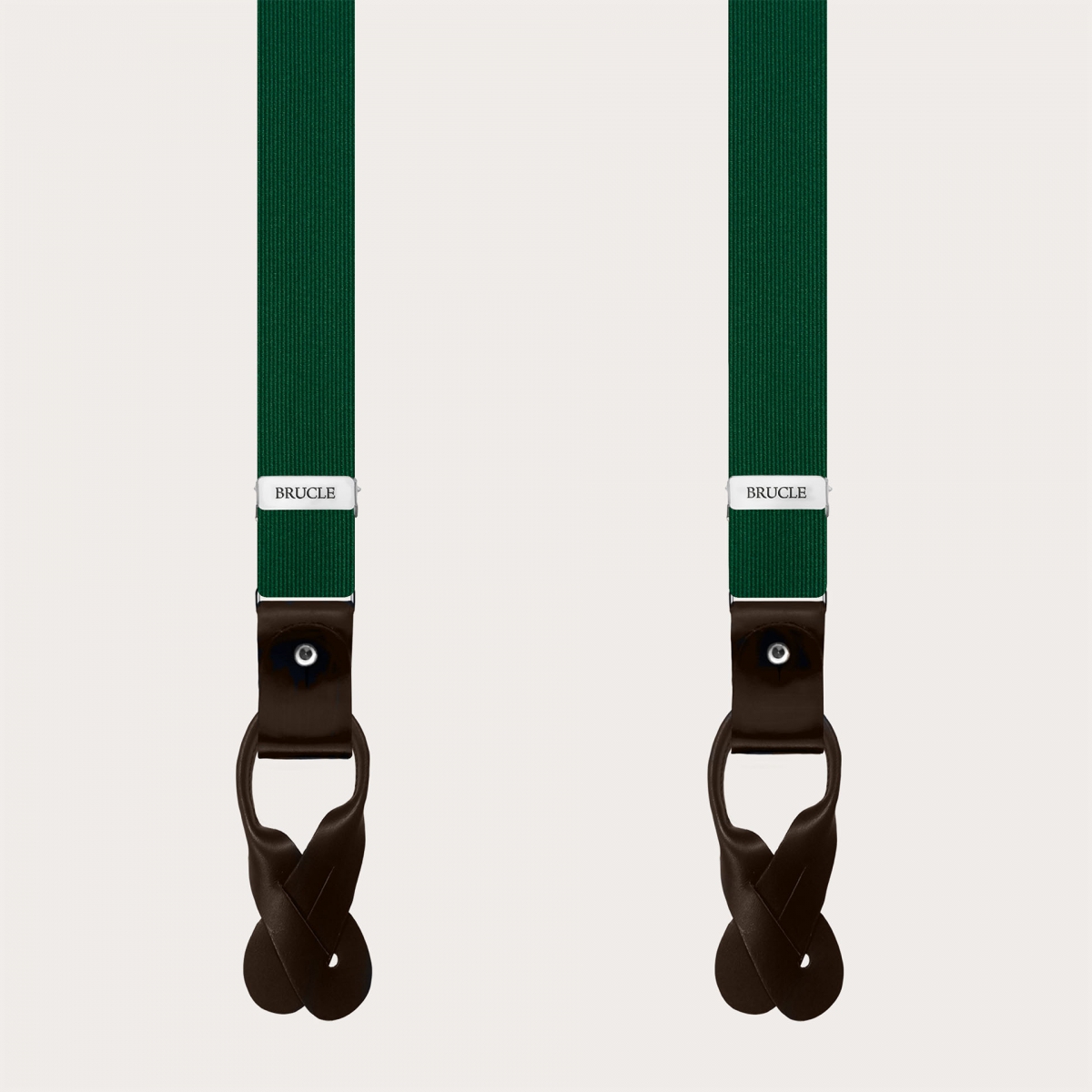 Thin green silk suspenders with dark brown leather, use with buttons or clips