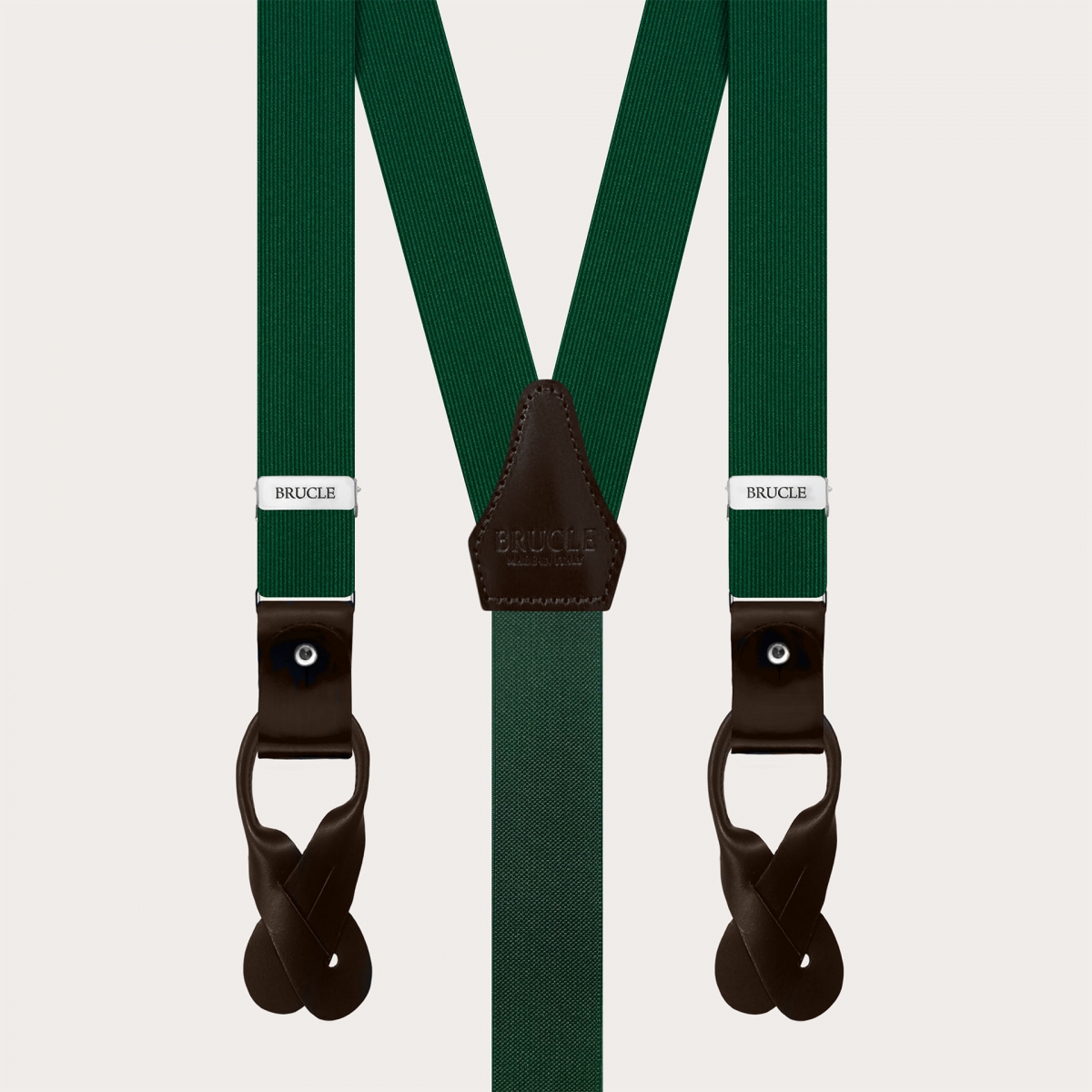 Thin green silk suspenders with dark brown leather, use with buttons or clips