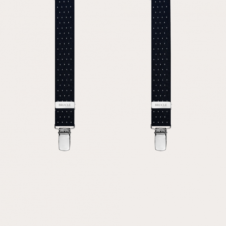 Black pin dot suspenders with 4 straps in X shape