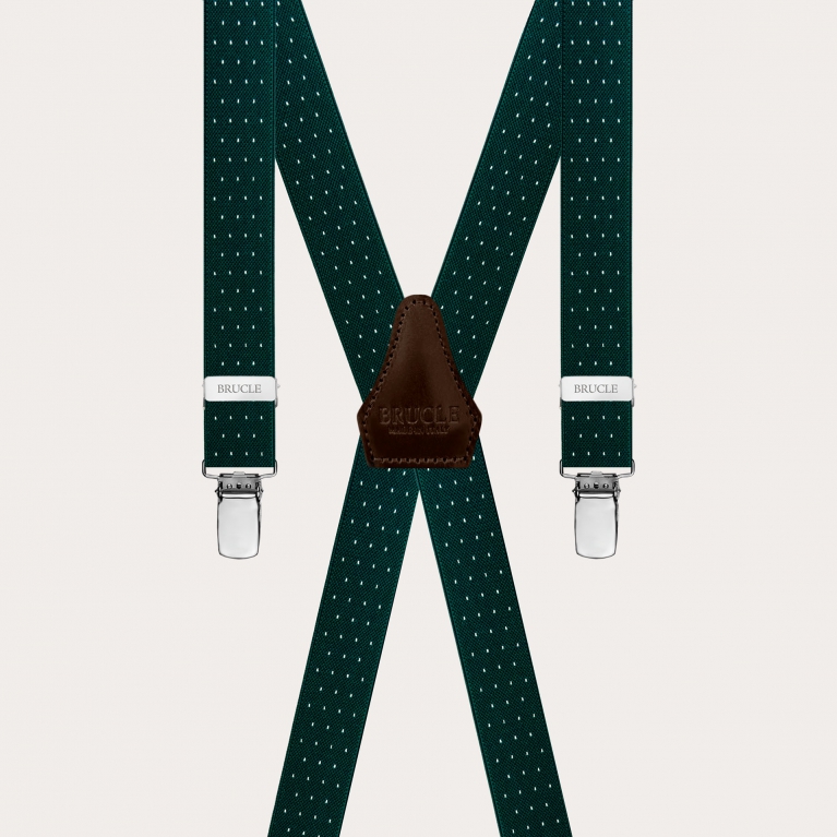 Narrow X-shaped green pin dot suspenders