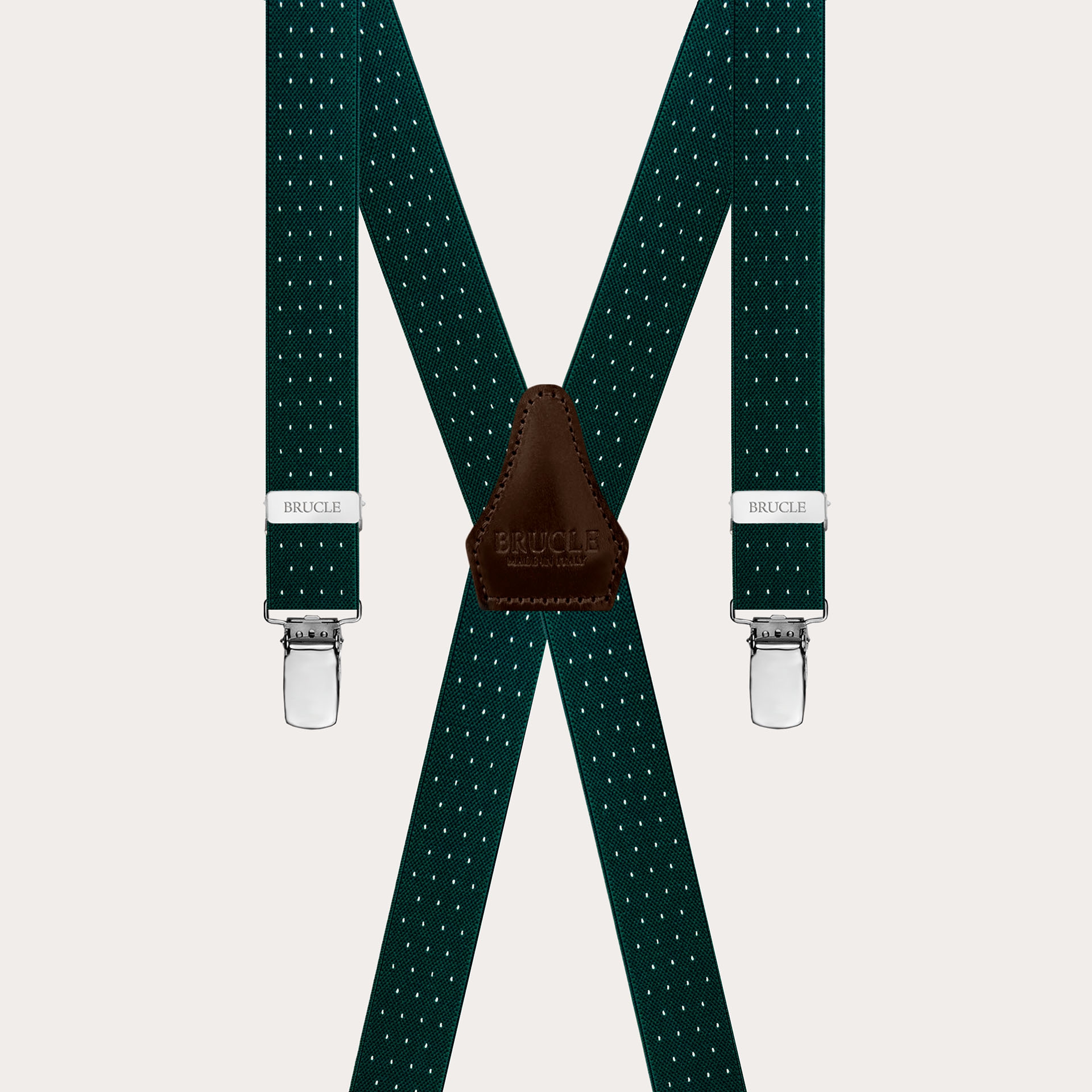 Narrow X-shaped green pin dot suspenders