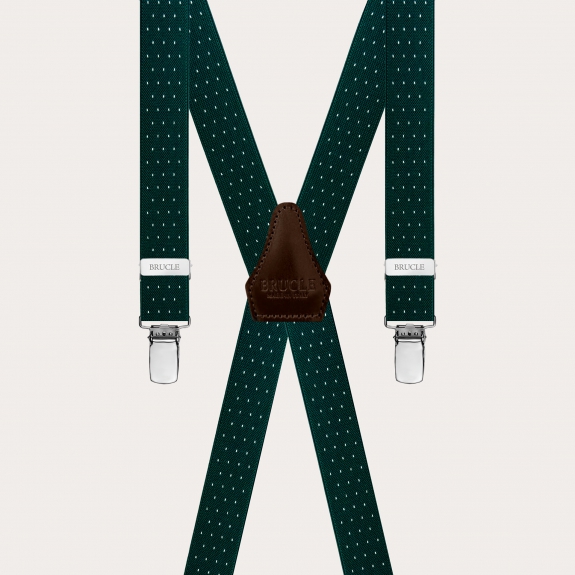 Narrow X-shaped green pin dot suspenders