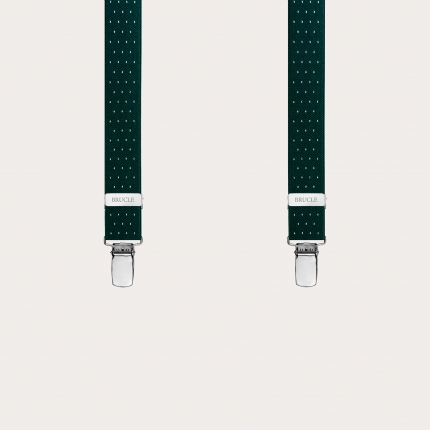 Narrow X-shaped green pin dot suspenders