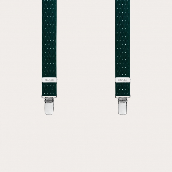 Narrow X-shaped green pin dot suspenders