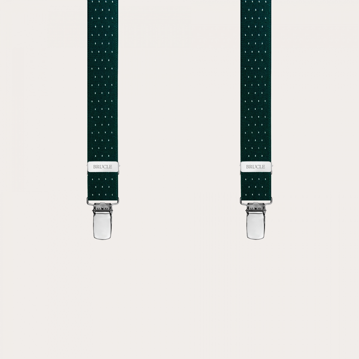 Narrow X-shaped green pin dot suspenders