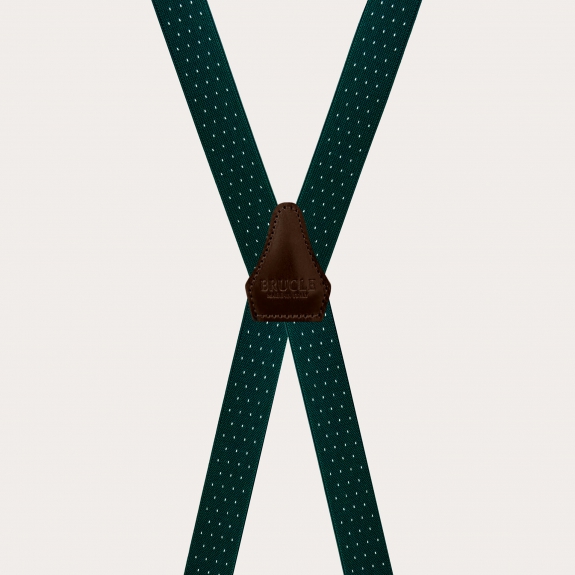 Narrow X-shaped green pin dot suspenders