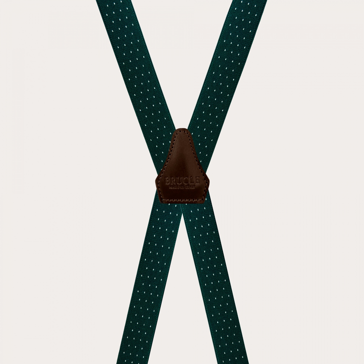 Narrow X-shaped green pin dot suspenders