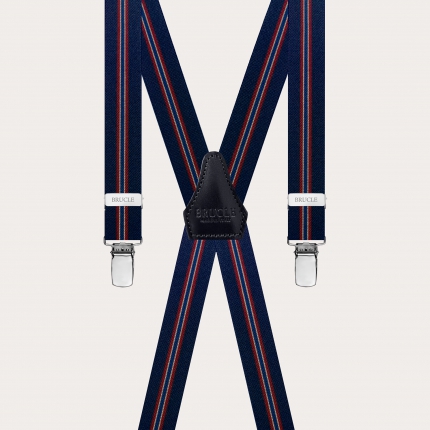 Narrow X-back regimental blue suspenders with 4 clips