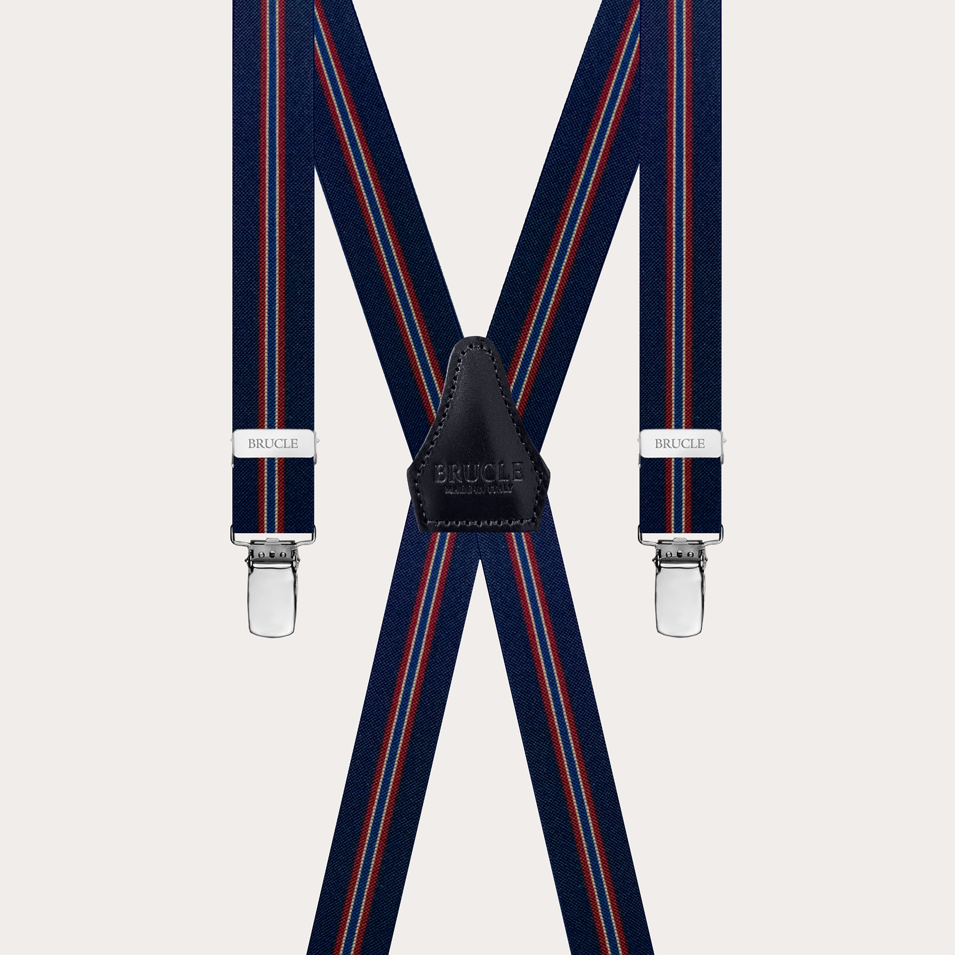 Narrow X-back regimental blue suspenders with 4 clips