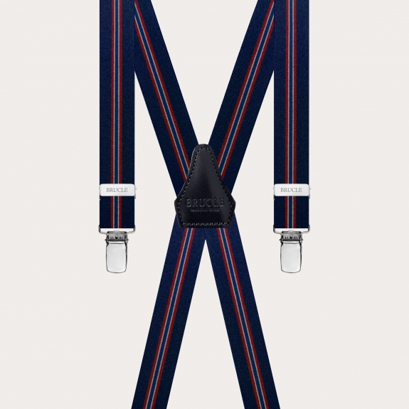 Narrow X-back regimental blue suspenders with 4 clips