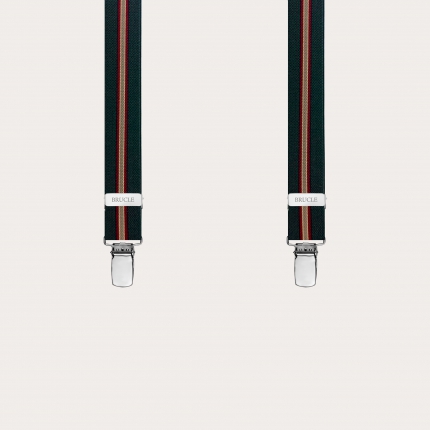 Narrow regimental green Y-back suspenders with clip-on attachment