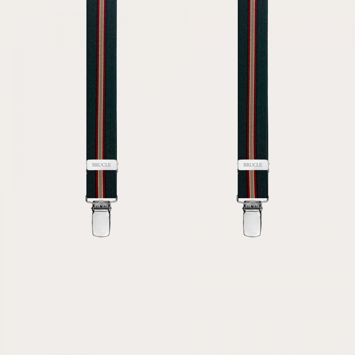 These narrow regimental green Y-back suspenders with clip-on attachment