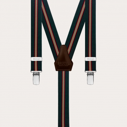 Narrow regimental green Y-back suspenders with clip-on attachment