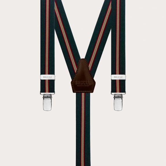 These narrow regimental green Y-back suspenders with clip-on attachment