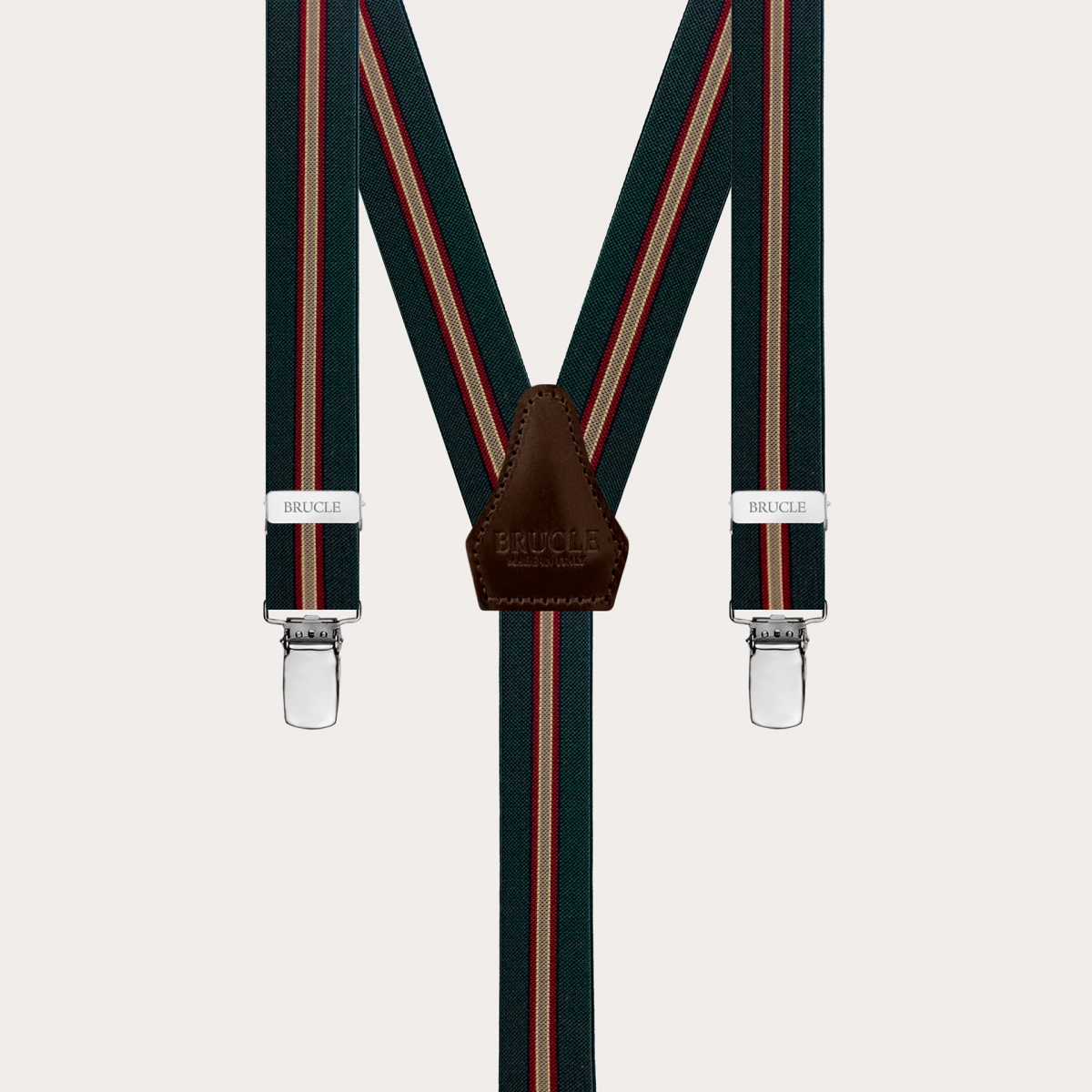 These narrow regimental green Y-back suspenders with clip-on attachment