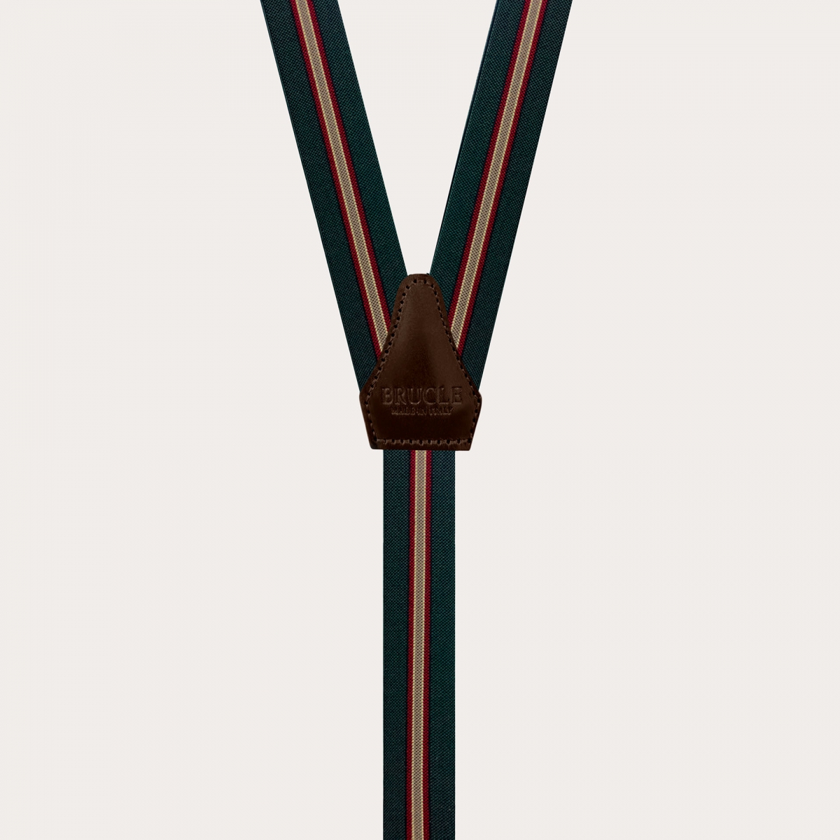 These narrow regimental green Y-back suspenders with clip-on attachment