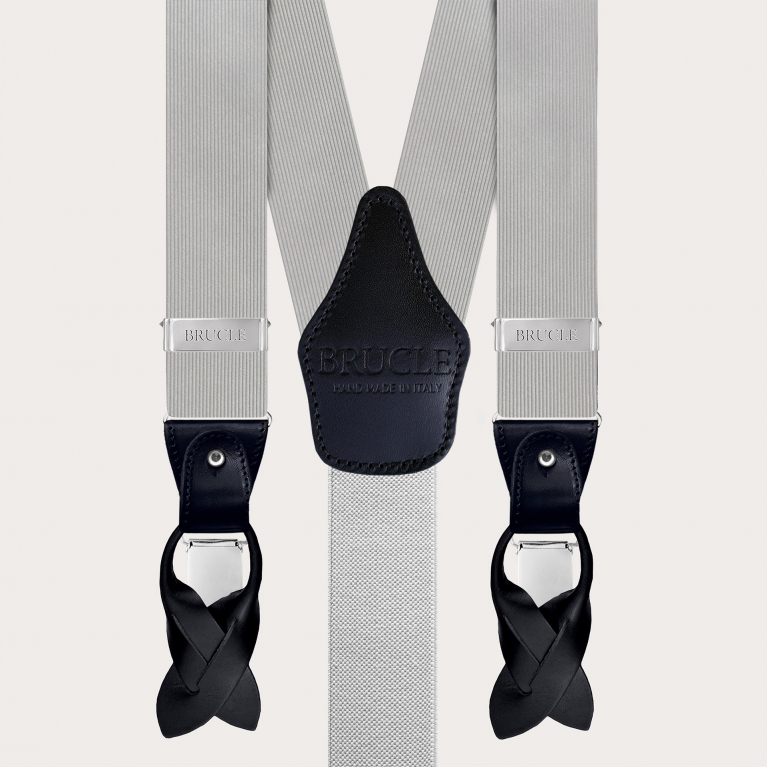 Grey silk jacquard men's suspenders with black leather