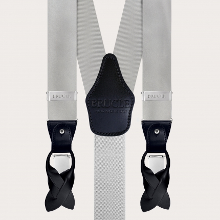 Grey silk jacquard men's suspenders with black leather