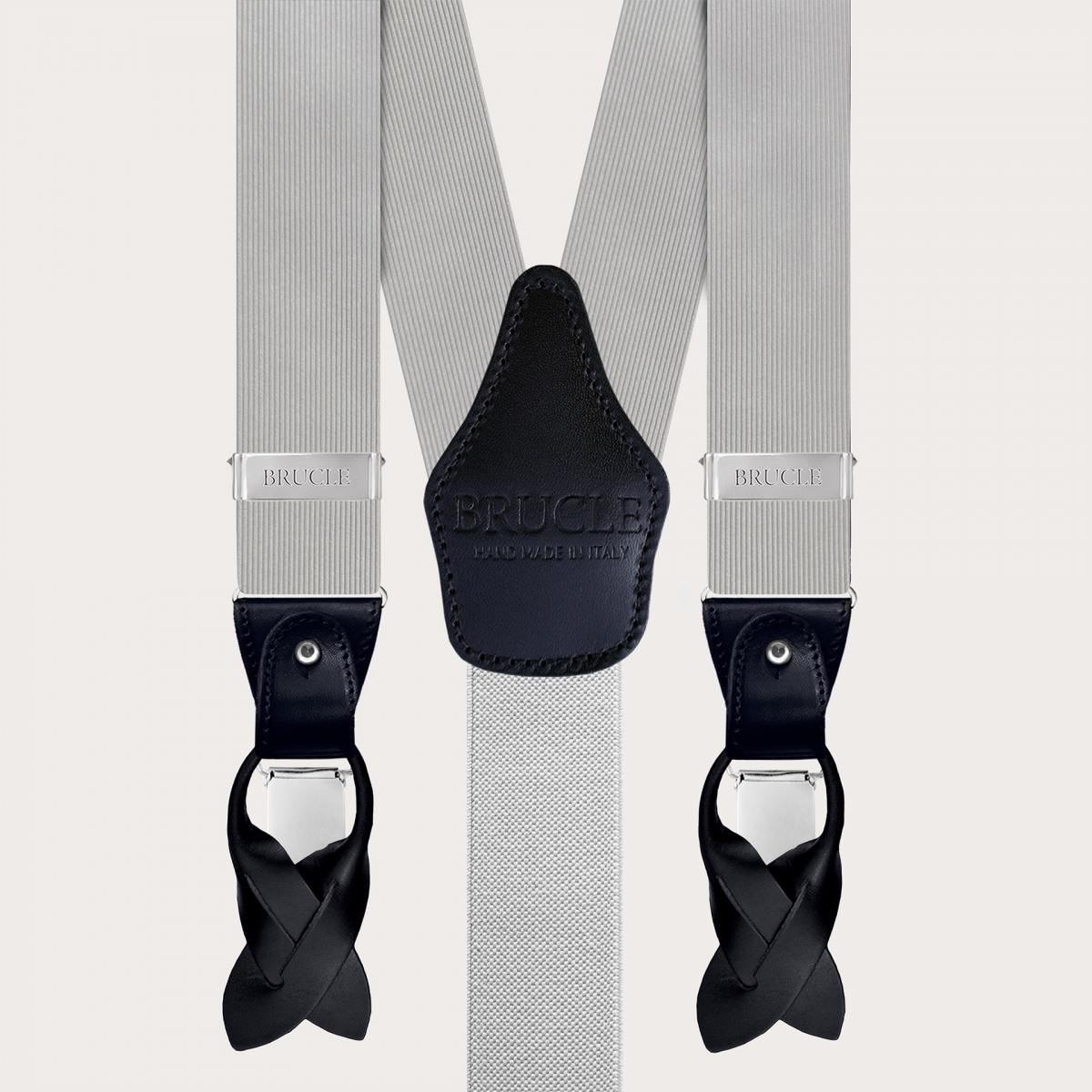 Grey silk jacquard men's suspenders with black leather