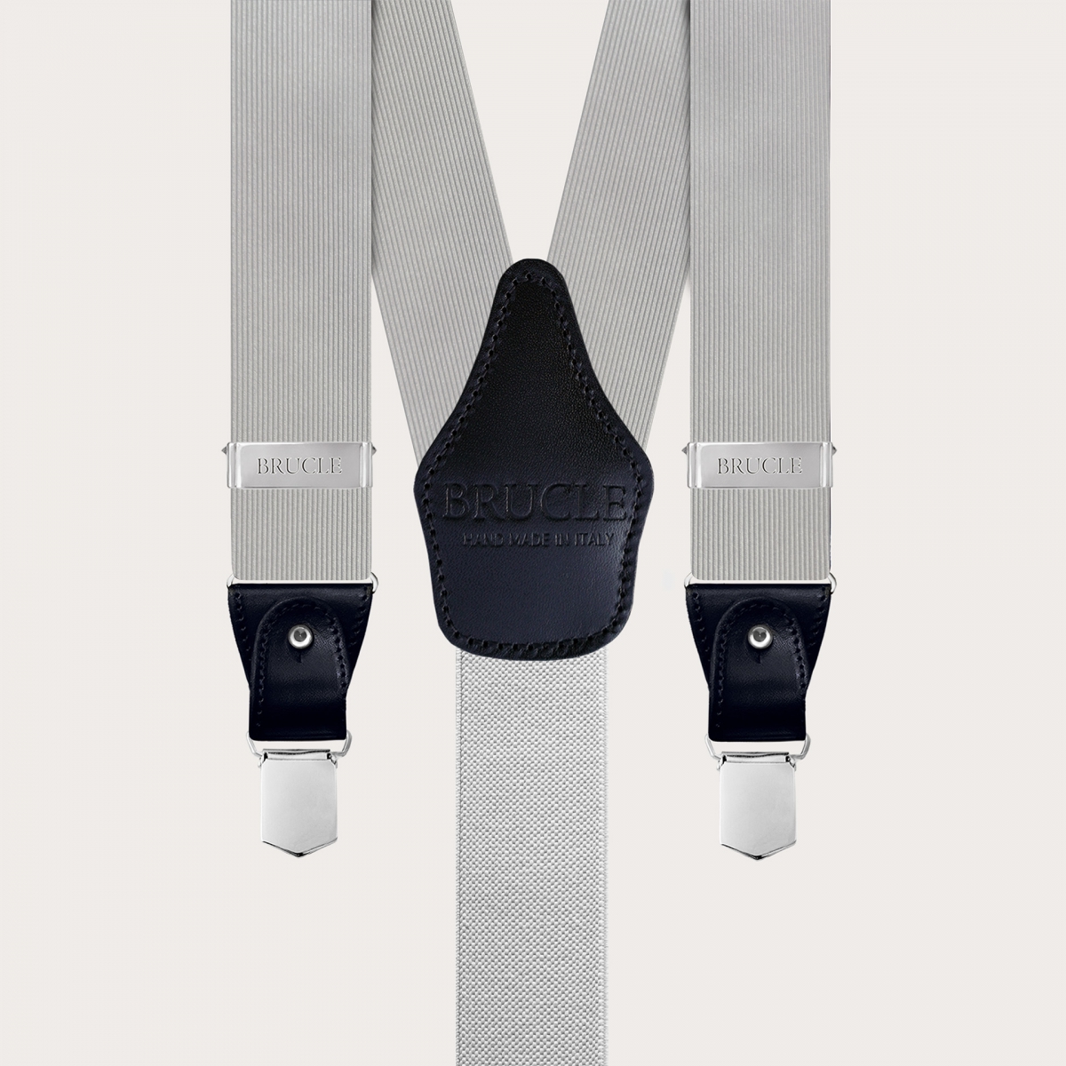 Grey silk jacquard men's suspenders with black leather