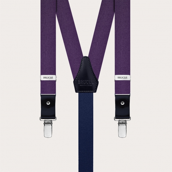 Narrow violet suspenders for men in jacquard silk for buttons or clips