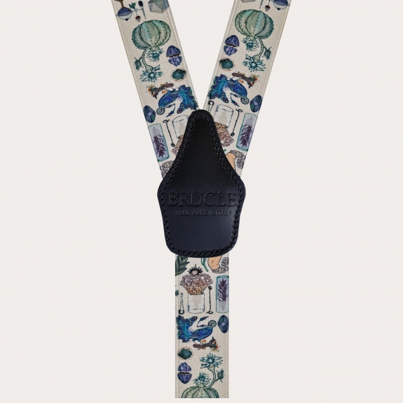 Nickel free satin effect suspenders, alchemical pattern