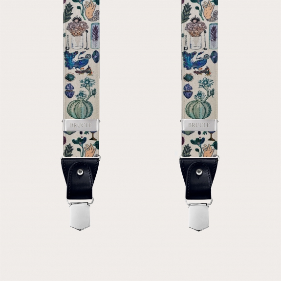 Nickel free satin effect suspenders, alchemical pattern