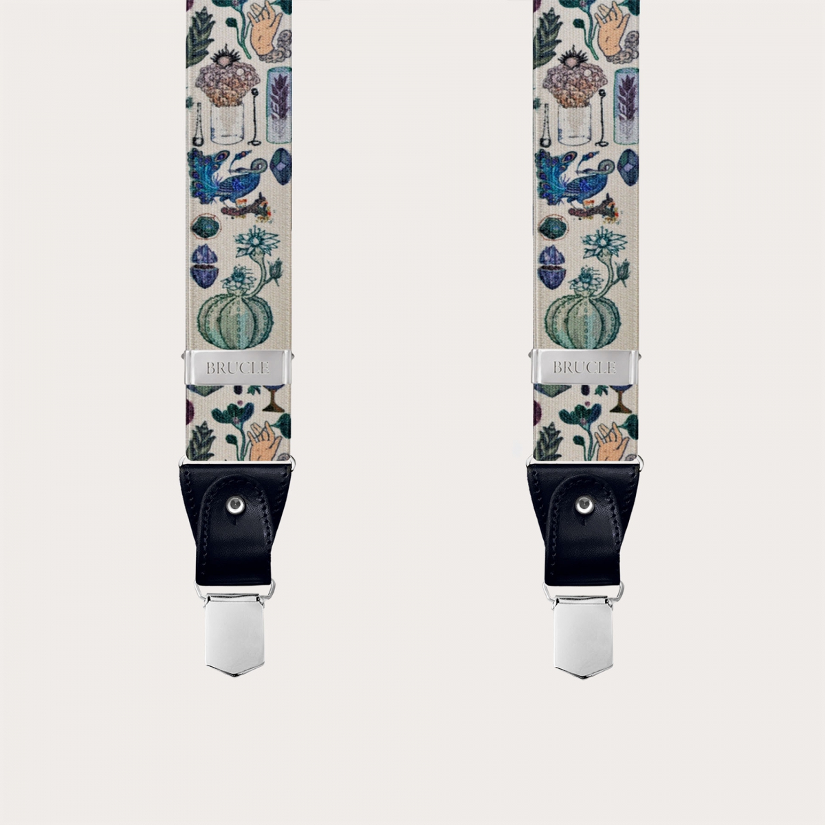 Nickel free satin effect suspenders, alchemical pattern