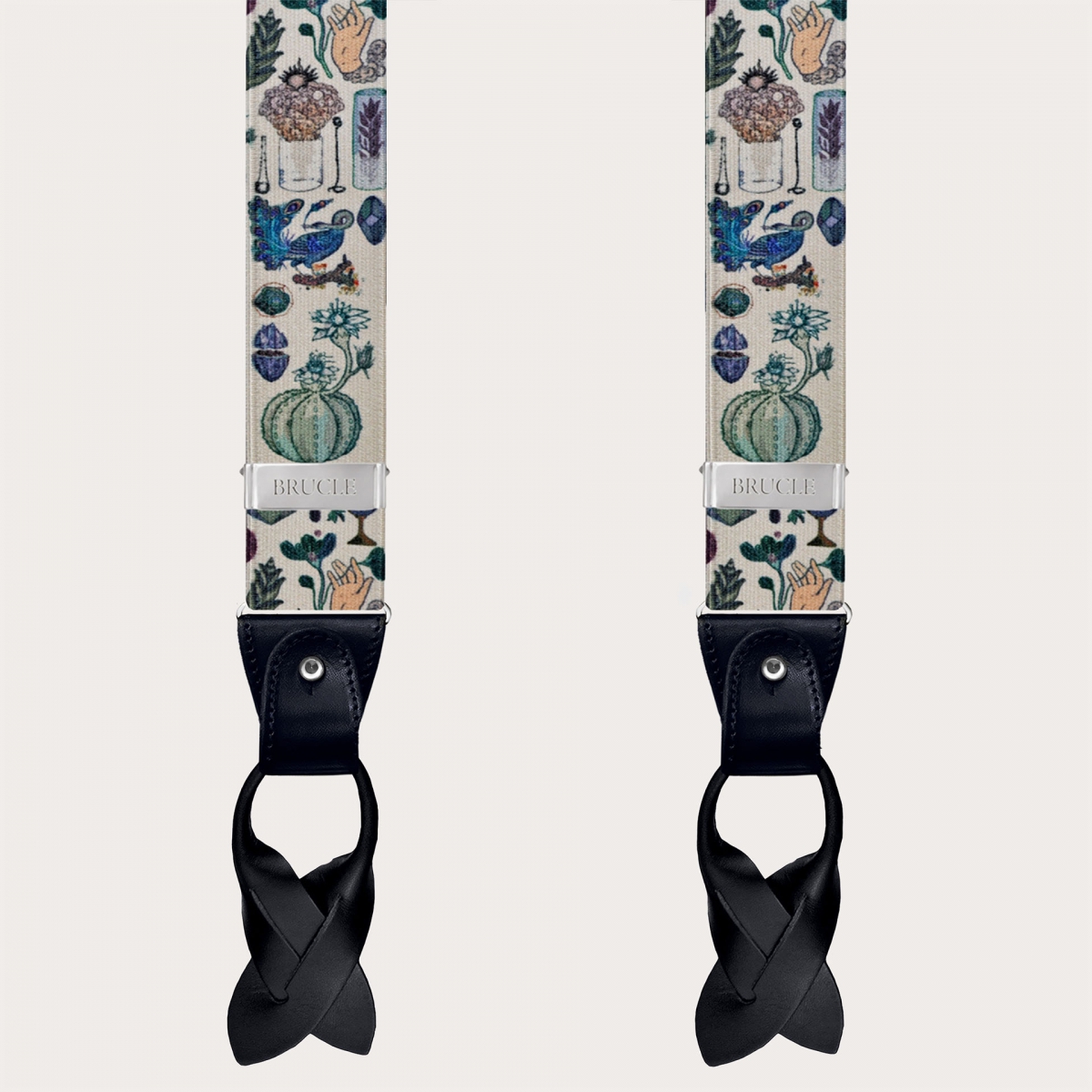 Nickel free satin effect suspenders, alchemical pattern