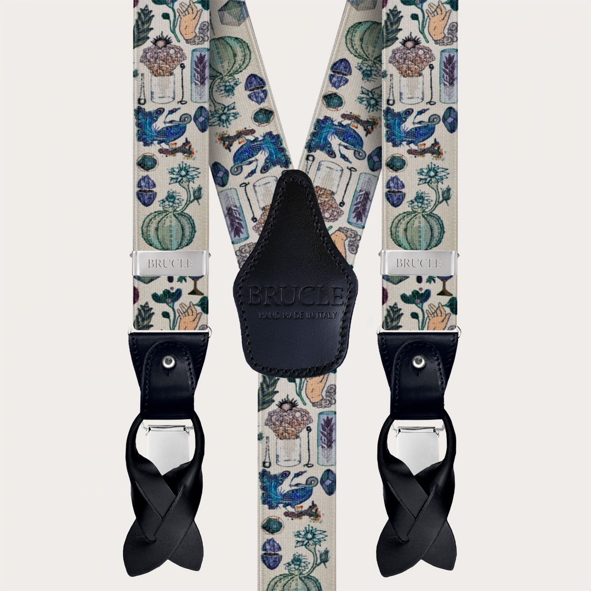 Nickel free satin effect suspenders, alchemical pattern