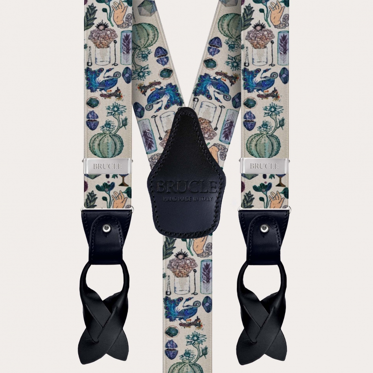 Nickel free satin effect suspenders, alchemical pattern