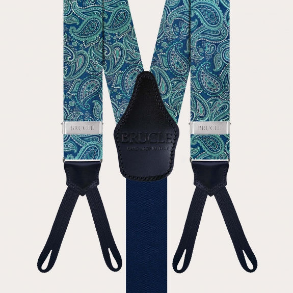 Exclusive green paisley silk suspenders for buttons