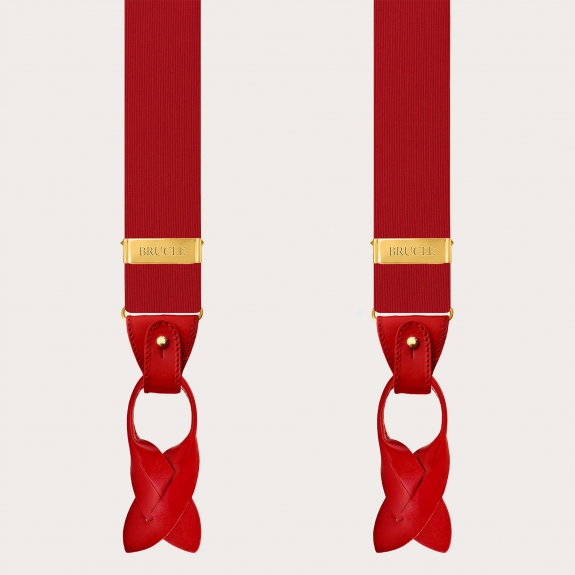 Red silk men's suspenders with dual-use gold clips