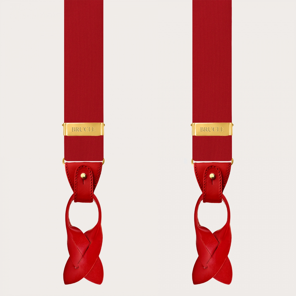 Red silk men's suspenders with dual-use gold clips