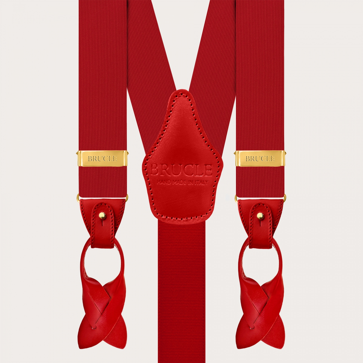 Red silk men's suspenders with dual-use gold clips