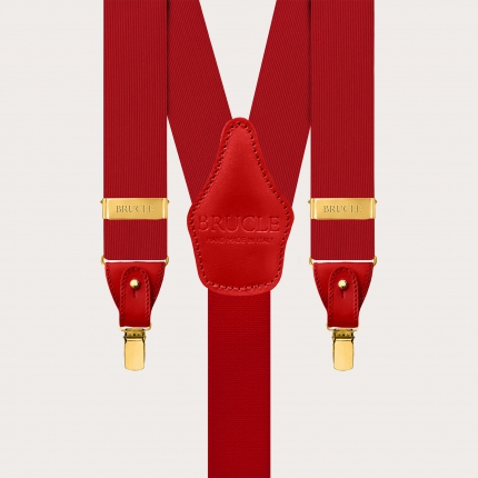 Red silk men's suspenders with dual-use gold clips