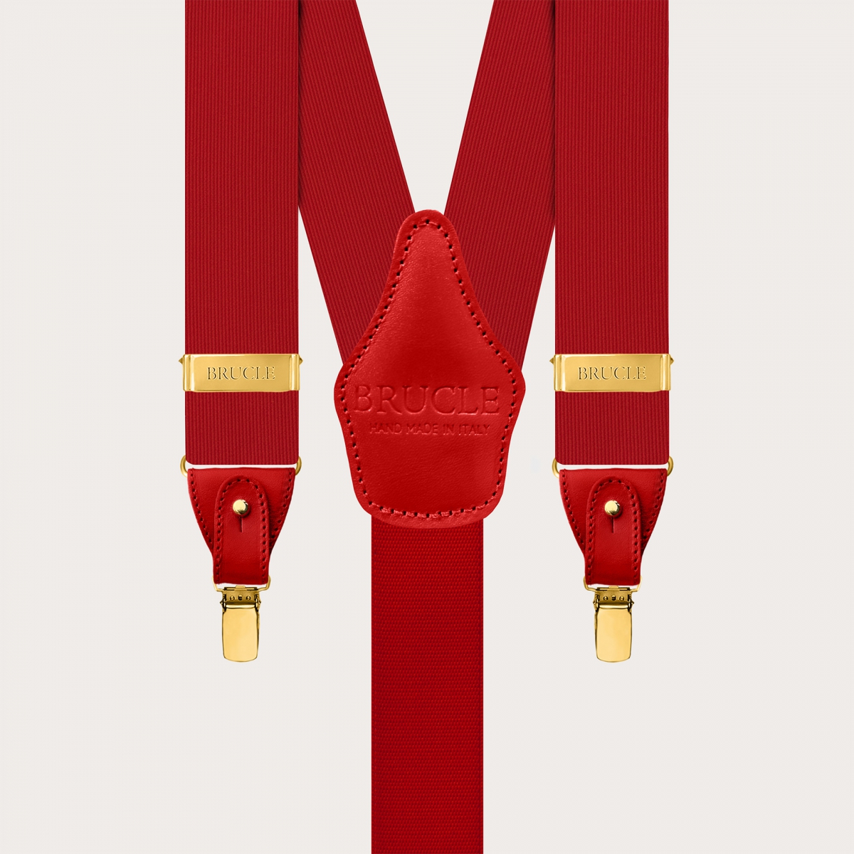 Red silk men's suspenders with dual-use gold clips